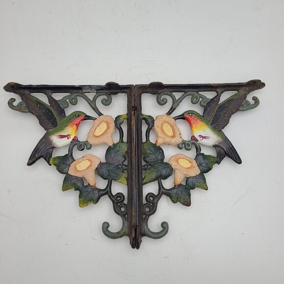 Vintage Cast Iron Painted Cast Iron Hummingbird Shelf Brackets Plant Hanger Bird - Picture 1 of 10